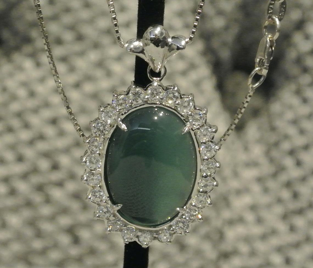 14k White Gold Pendant / Natural Green Nephrite Jade Cabochon Oval