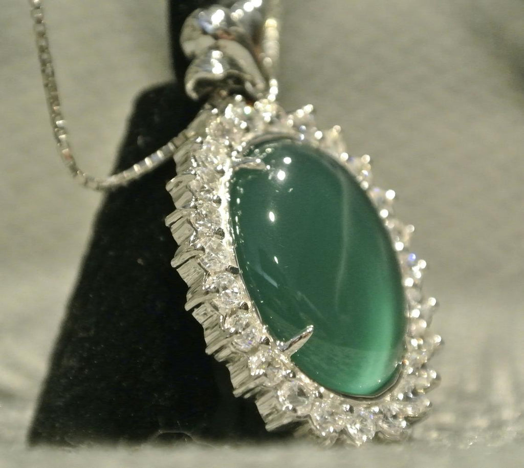 14k White Gold Pendant / Natural Green Nephrite Jade Cabochon Oval