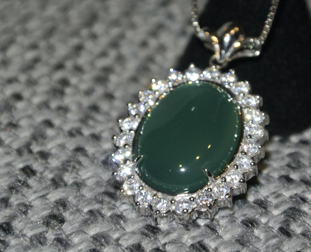 14k White Gold Pendant / Natural Green Nephrite Jade Cabochon Oval