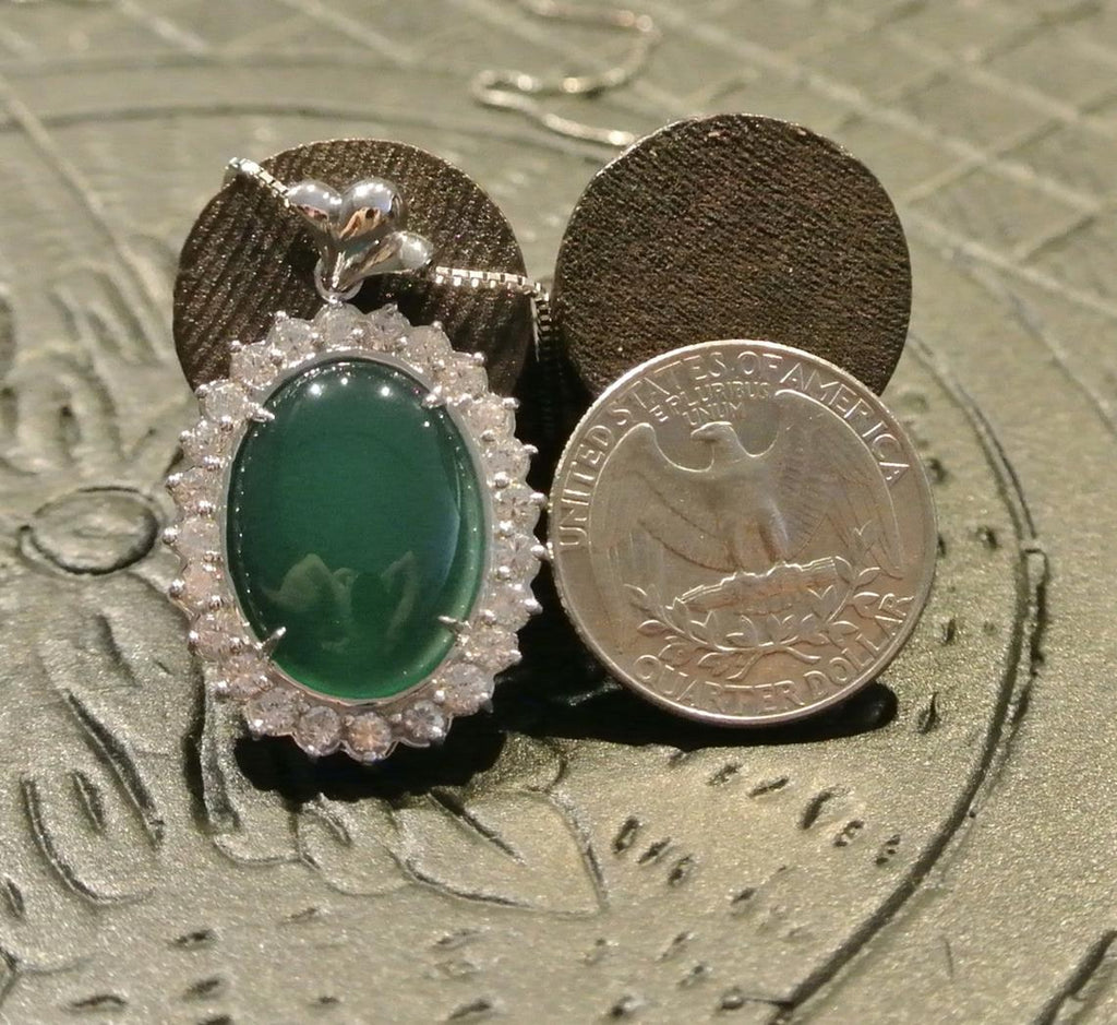 14k White Gold Pendant / Natural Green Nephrite Jade Cabochon Oval