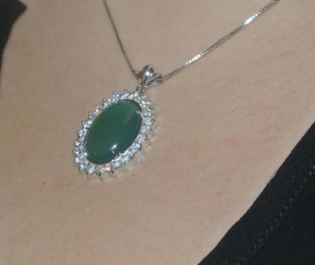 14k White Gold Pendant / Natural Green Nephrite Jade Cabochon Oval