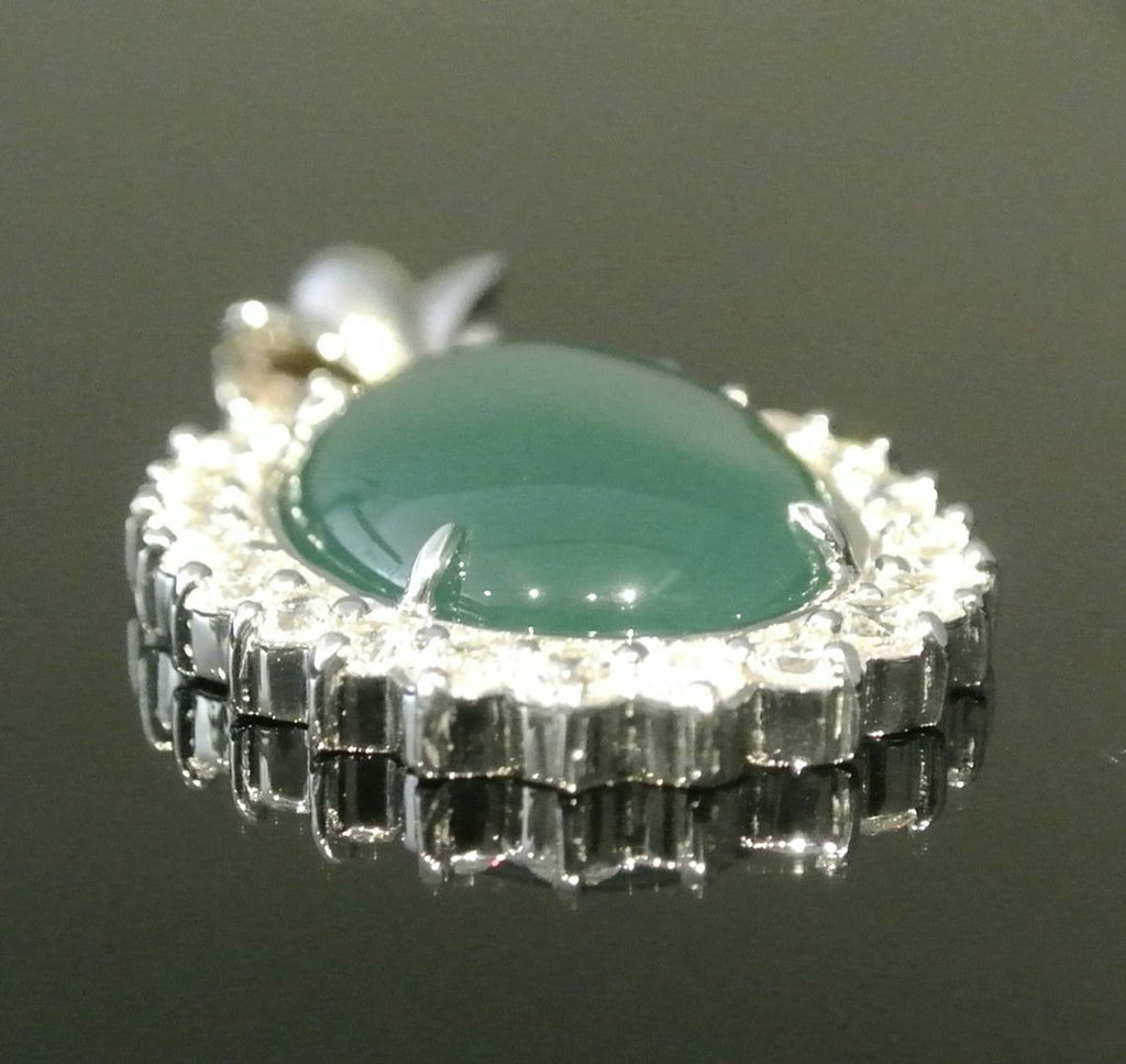 14k White Gold Pendant / Natural Green Nephrite Jade Cabochon Oval