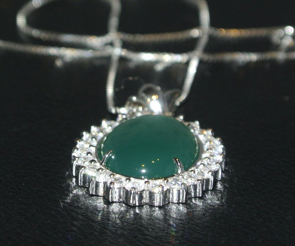 14k White Gold Pendant / Natural Green Nephrite Jade Cabochon Oval