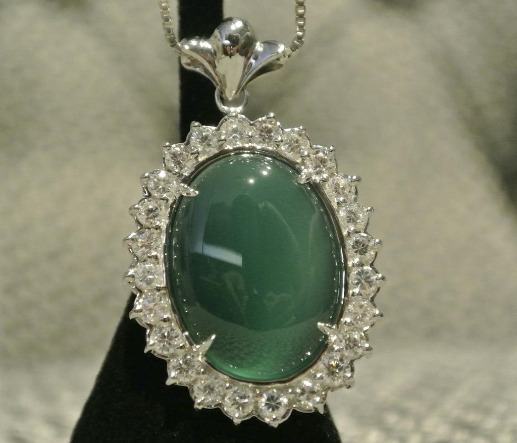 14k White Gold Pendant / Natural Green Nephrite Jade Cabochon Oval